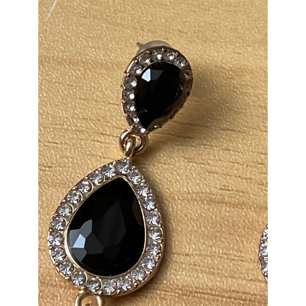 Black Teardrop Dangle Earrings Gold Tone Crystal Halo Triple Tier Statement - Picture 4 of 6